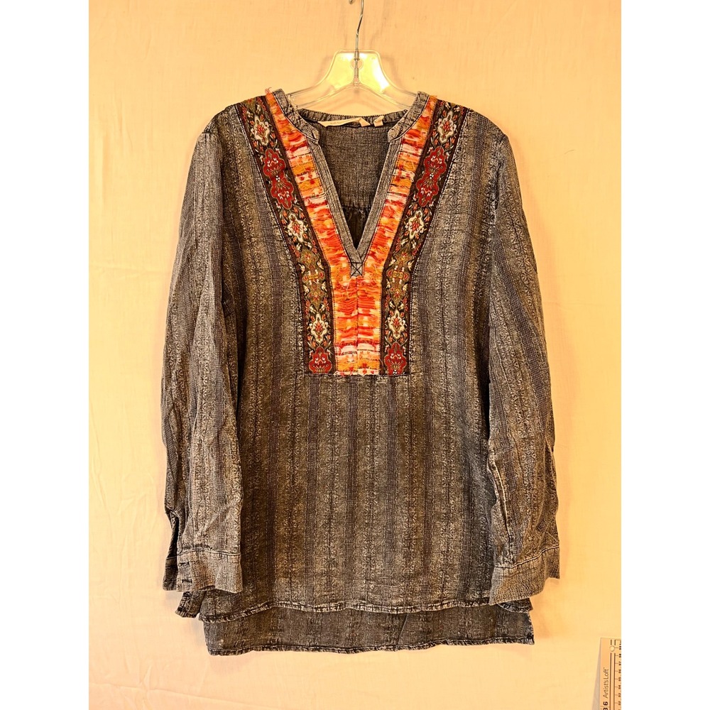 Soft Surroundings Gray Acid Wash Embroidered Boho Tunic Top 2AV15 Women M
